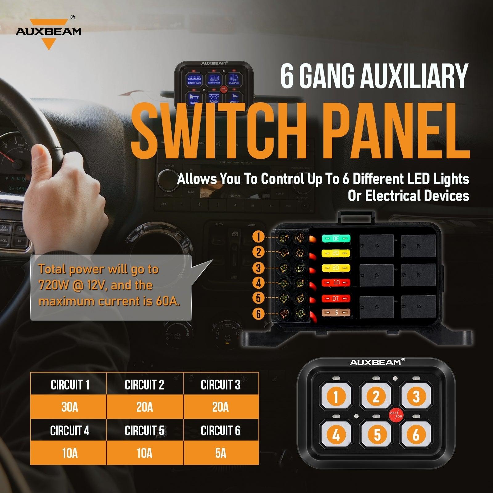 Auxbeam Single Series 6/8-Gang LED Switch Panel – Off-Road Light Controller