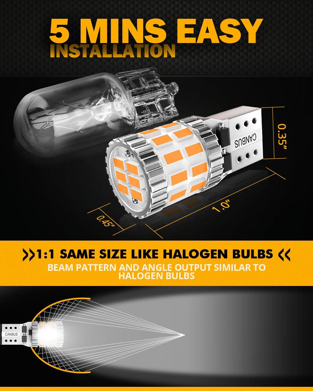Auxbeam 168 / 2825 W5W T10 LED Bulbs – B1 Series, 3W, Amber, 400% Brighter, CANBUS Error-Free, License Plate / Side Marker / Interior Lights (2 Pack)