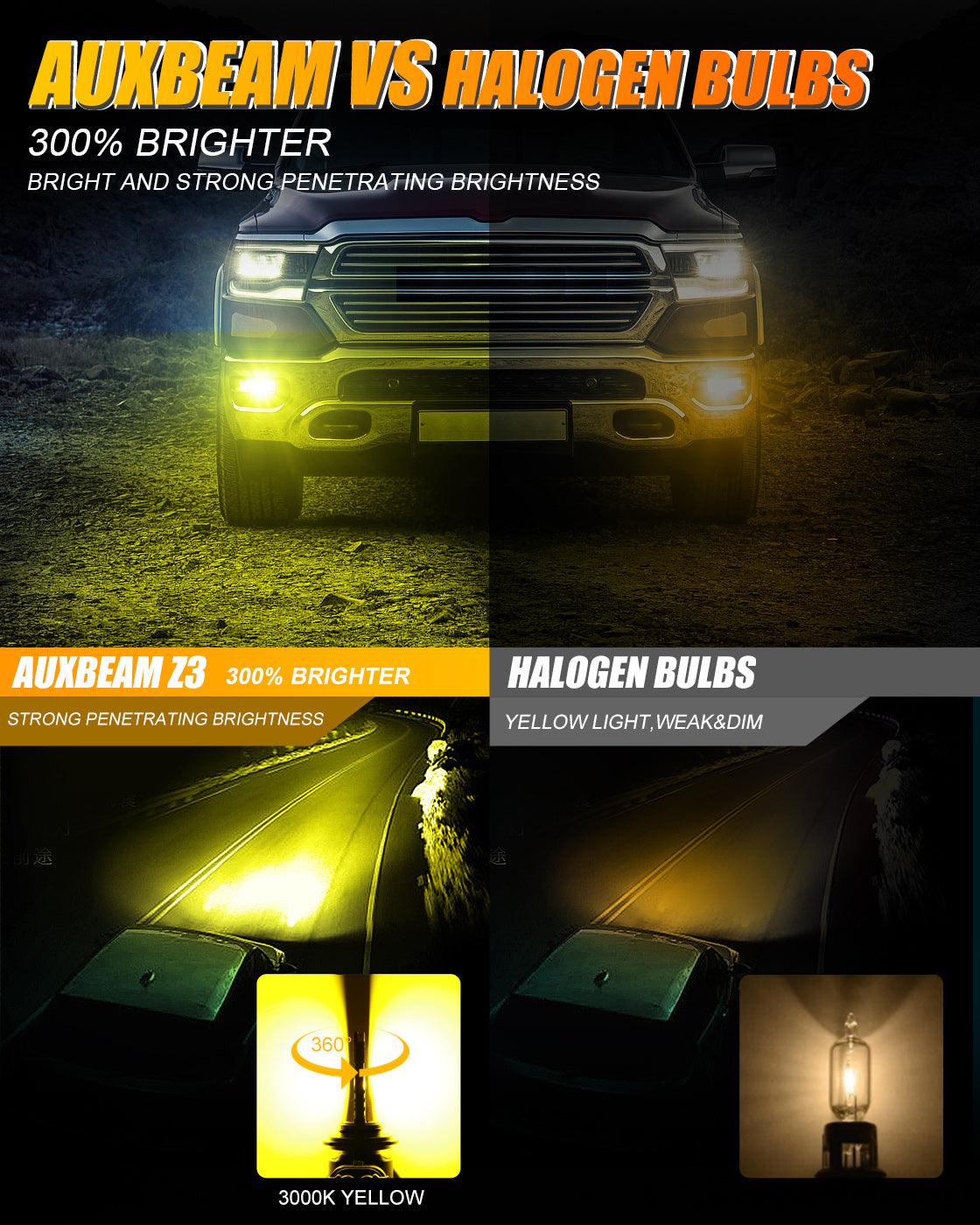 Auxbeam 9006 / HB4 LED Fog Light & DRL Bulbs – Z3 Series, 44W, 8000LM, 3000K Golden Yellow (2 Pack)