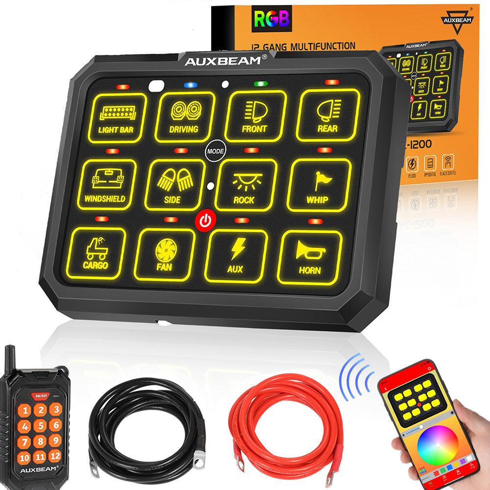 Auxbeam AC Series AC-1200 12-Gang RGB Switch Panel – App & Remote Control, Toggle/Momentary/Pulsed, One-Sided Outlet