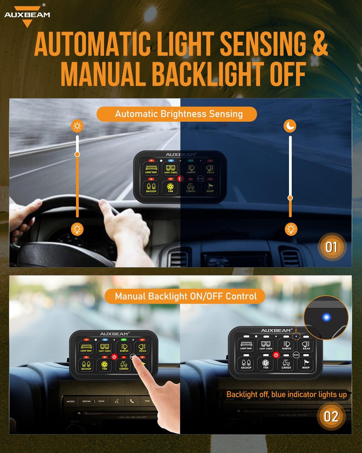 Auxbeam RGB Series 8 Gang (RB80) Switch Panel, Toggle/ Momentary/ Pulsed Mode Supported (Two-Sided Outlet)