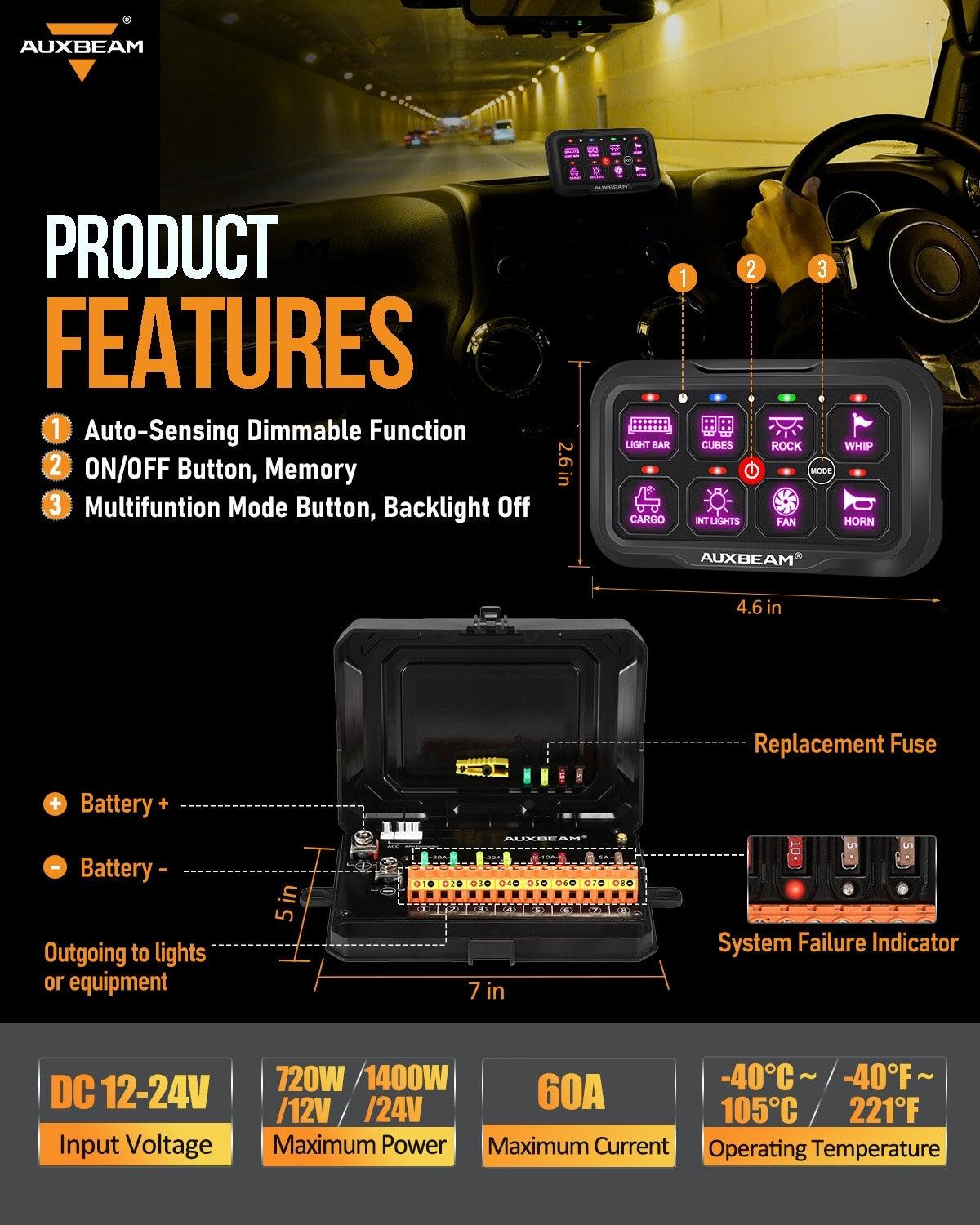 Auxbeam AC Series 8 Gang (AC-800) RGB Switch Panel with APP & Remote Control, Toggle/ Momentary/ Pulsed Mode Supported(One-Side Output)
