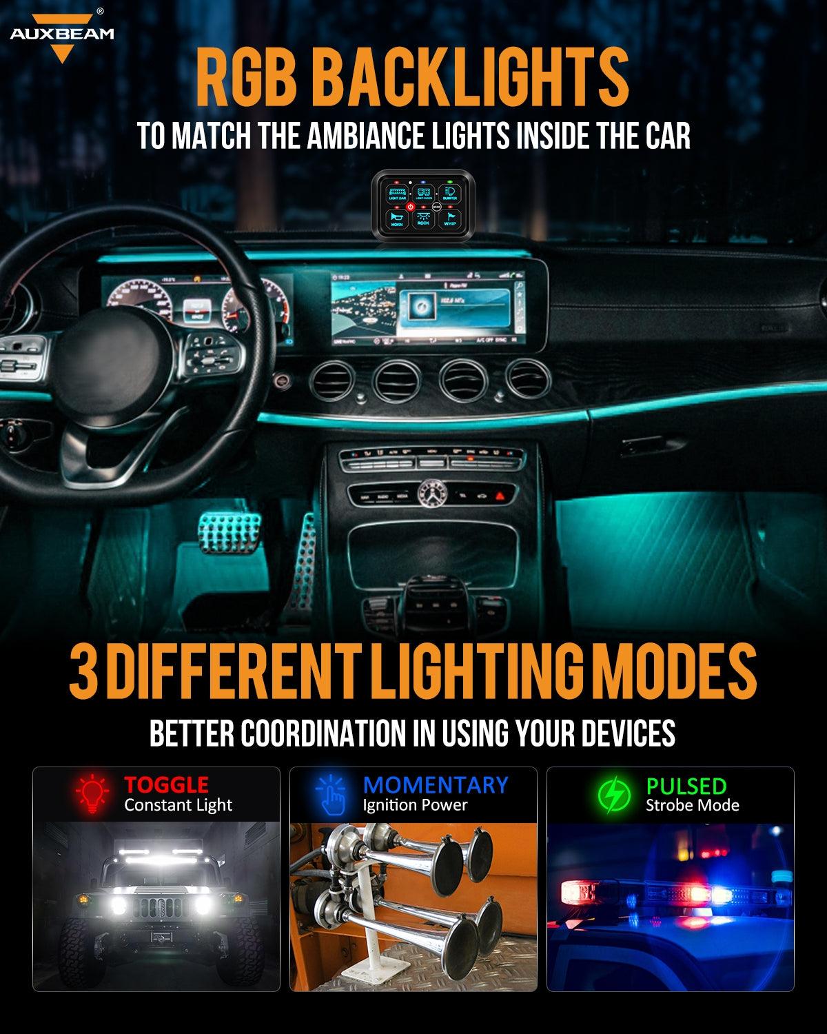 Auxbeam RGB Series 6 Gang (RA60) Switch Panel, Toggle/ Momentary/ Pulsed Mode Supported (One-Sided Outlet)