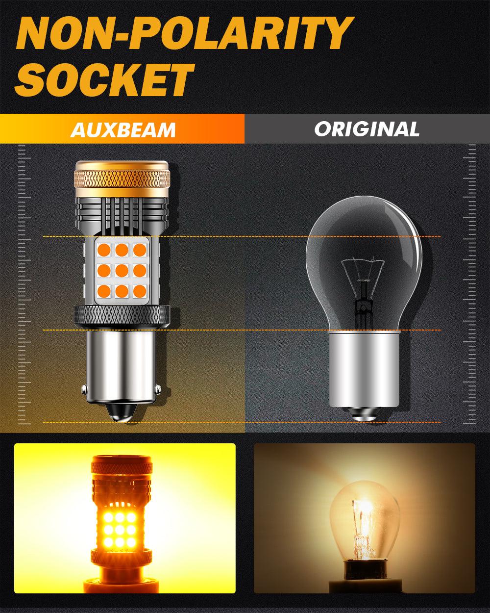 Auxbeam 1156 BA15S LED Turn Signal Bulbs (Front/Rear, Side Marker) – B21 Series, 56W, 600% Brighter, 3000K Amber, CAN-Bus Error-Free (2 Pack)