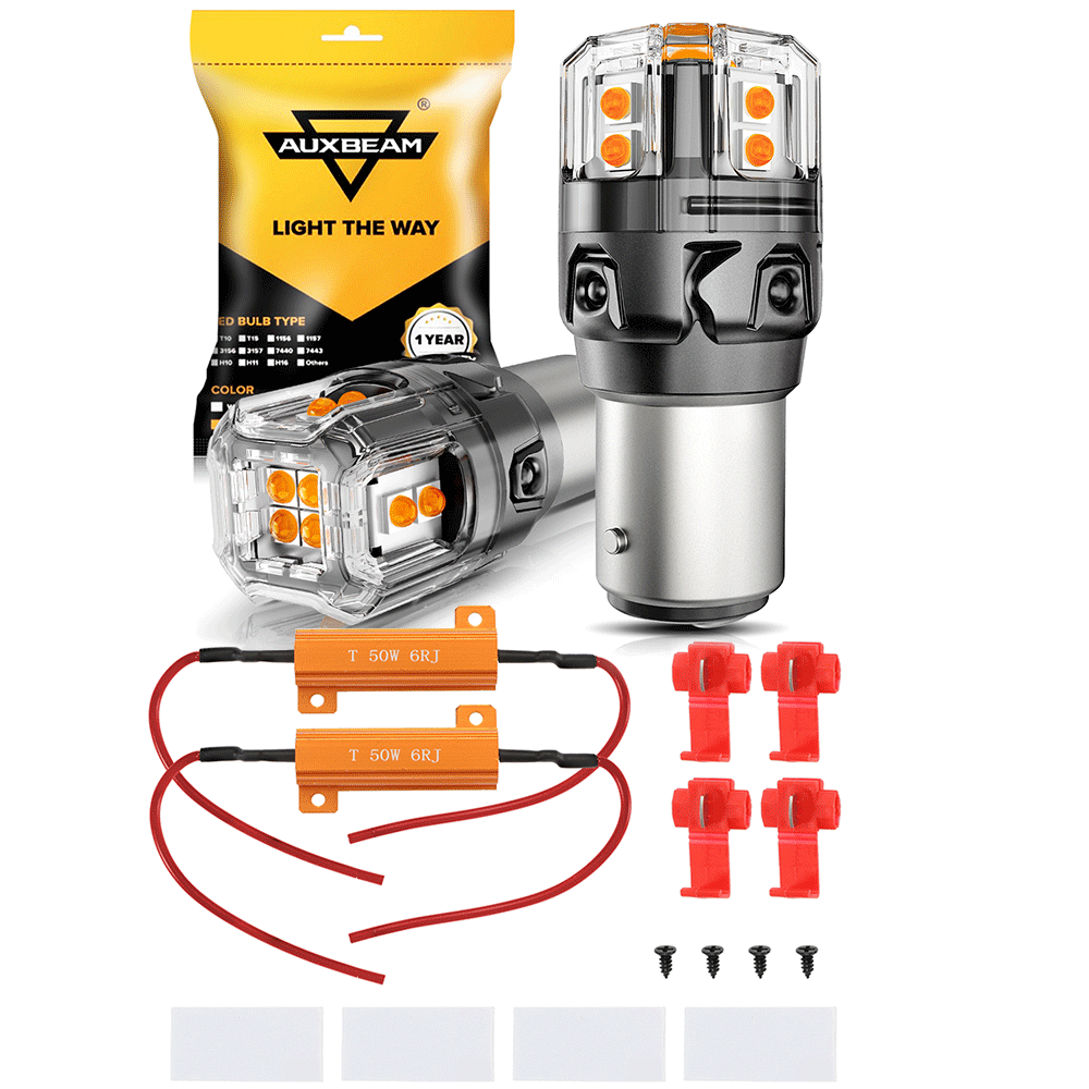 Auxbeam 1157 BAY15D LED Turn Signal Bulbs – B52 Series, Front/Rear & Side Marker Lights, 13W, 500% Brighter, 3000K Amber, CAN-Bus Error-Free (2 Pack)
