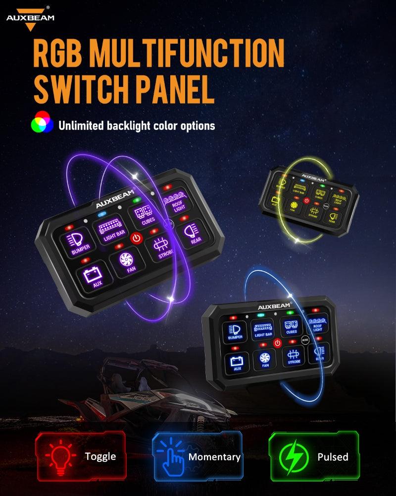 Auxbeam RGB Series RB80 XL 8-Gang Switch Panel – No App, Toggle/Momentary/Pulsed, Two-Sided Outlet
