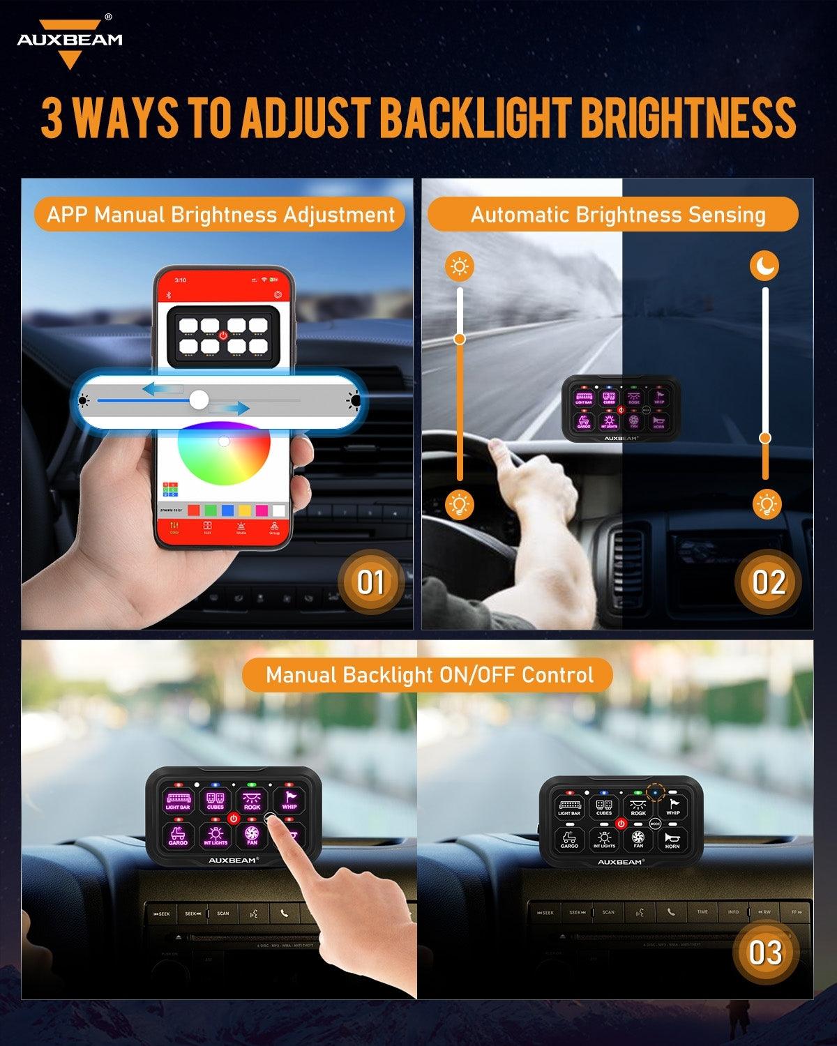 Auxbeam AC Series 8 Gang (AC-800) RGB Switch Panel with APP & Remote Control, Toggle/ Momentary/ Pulsed Mode Supported(One-Side Output)
