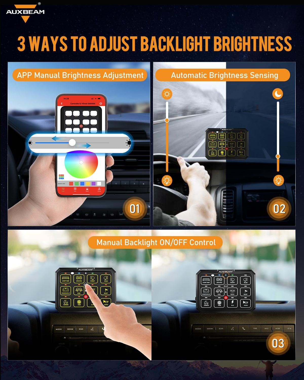Auxbeam AC Series AC-1200 12-Gang RGB Switch Panel – App & Remote Control, Toggle/Momentary/Pulsed, One-Sided Outlet