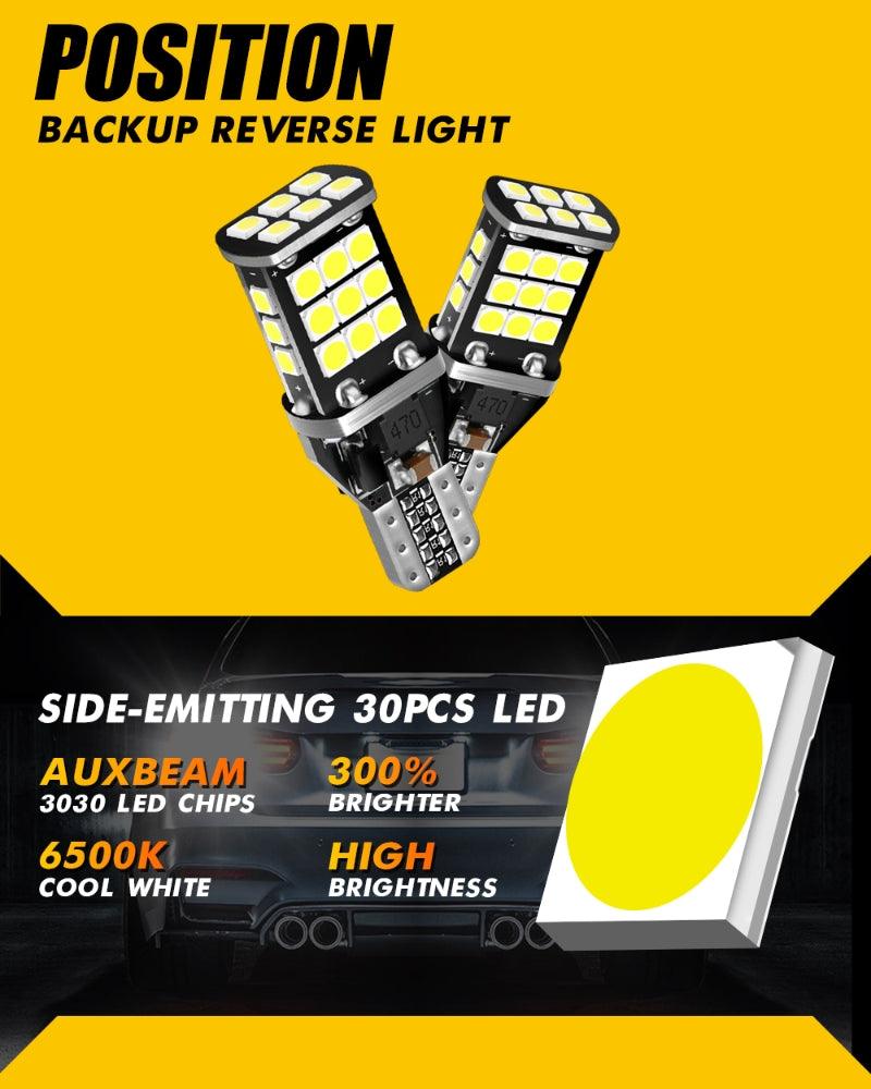 Auxbeam 912/921 T15 W16W LED Backup, Brake & Tail Light Bulbs – 10W, 6500K White, 300% Brighter, CAN-Bus Error-Free (2 Pack)