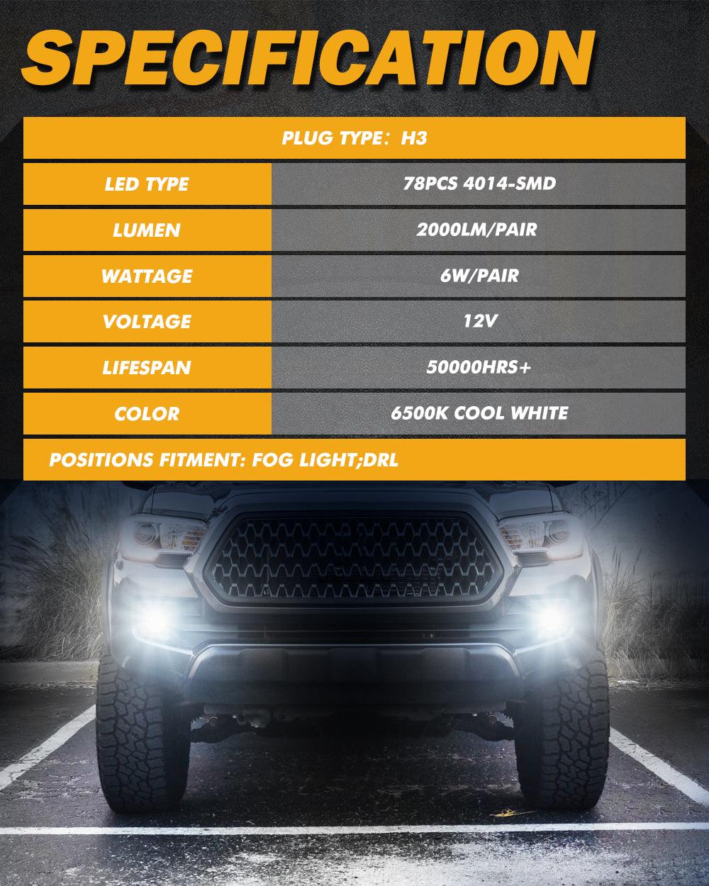 Auxbeam H3 LED Fog Light & DRL Bulbs – 6W, 2000LM, 6500K White (2 Pack)