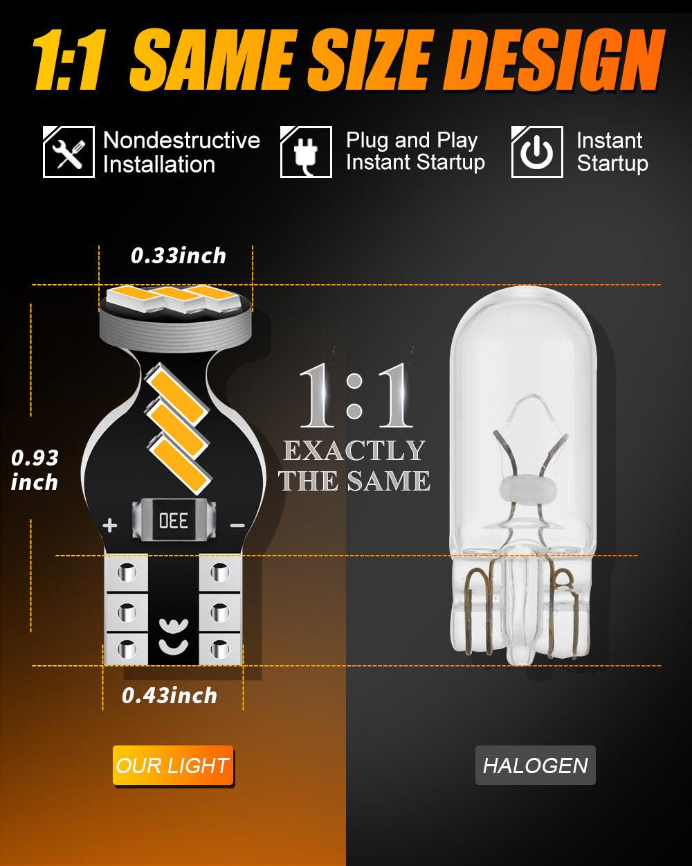 Auxbeam 168 / 2825 W5W T10 LED Interior Light Bulbs – 1.5W, 3500K Amber, 300% Brighter (10 Pack)