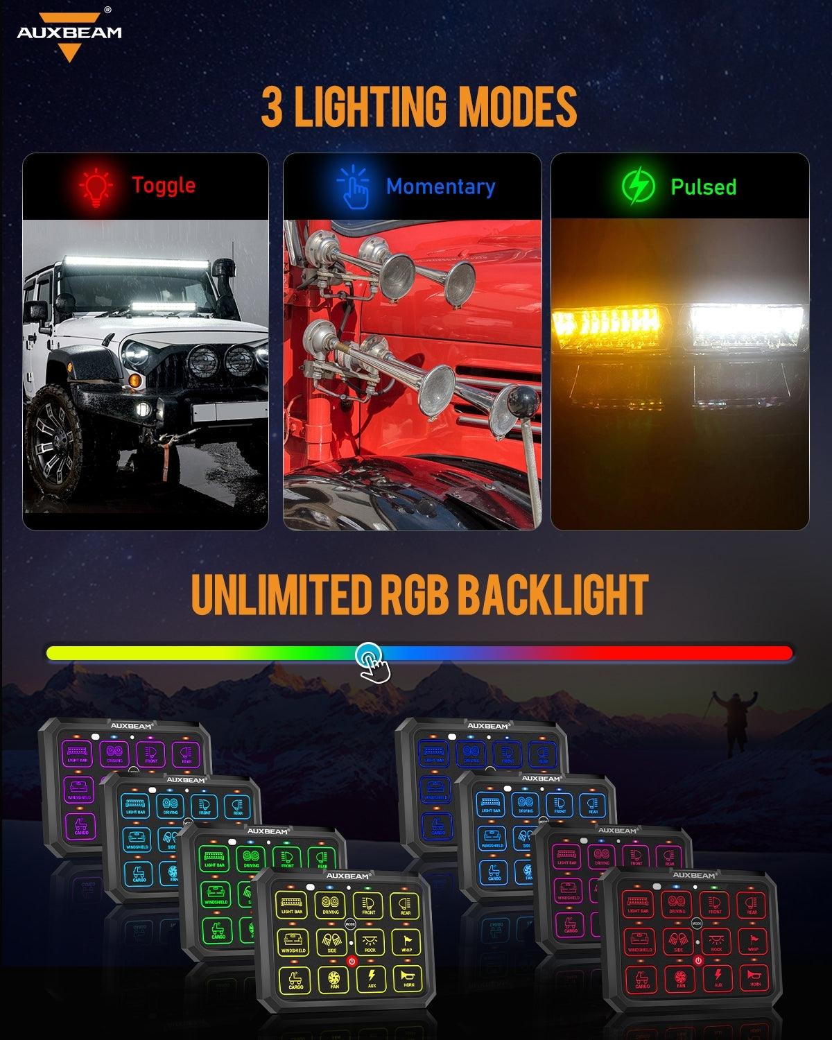 Auxbeam AC Series AC-1200 12-Gang RGB Switch Panel – App & Remote Control, Toggle/Momentary/Pulsed, One-Sided Outlet