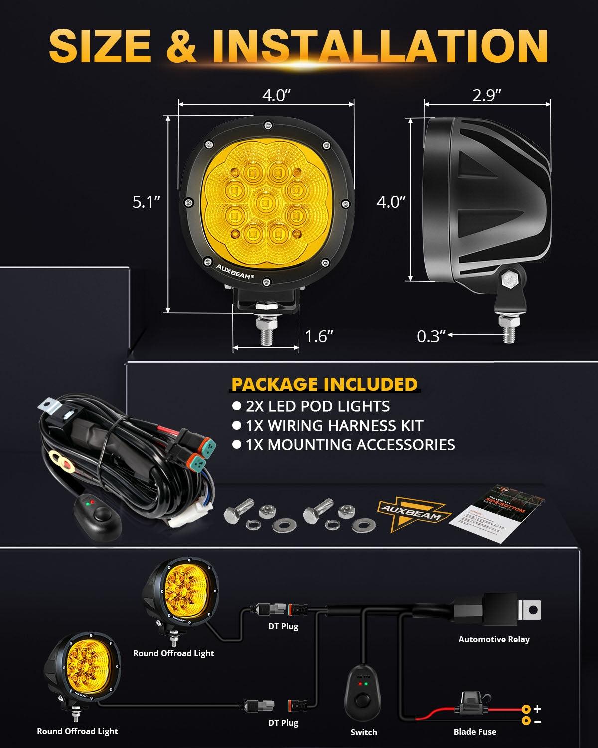 Auxbeam P4 Series 4" LED Driving Lights – 90W, 9,000LM, Amber Flood Beam