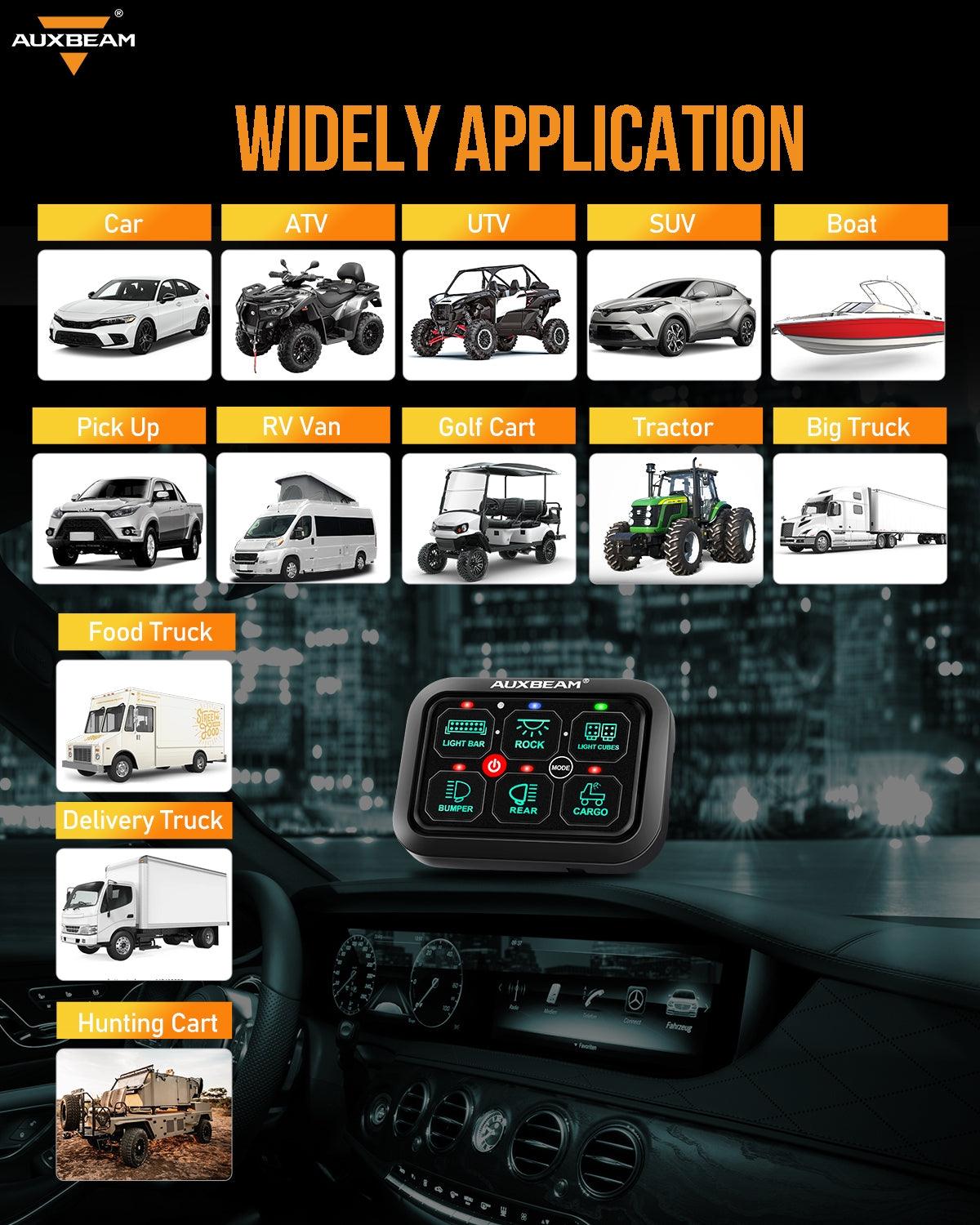 Auxbeam RGB Series 6 Gang (RA60) Switch Panel, Toggle/ Momentary/ Pulsed Mode Supported (One-Sided Outlet)