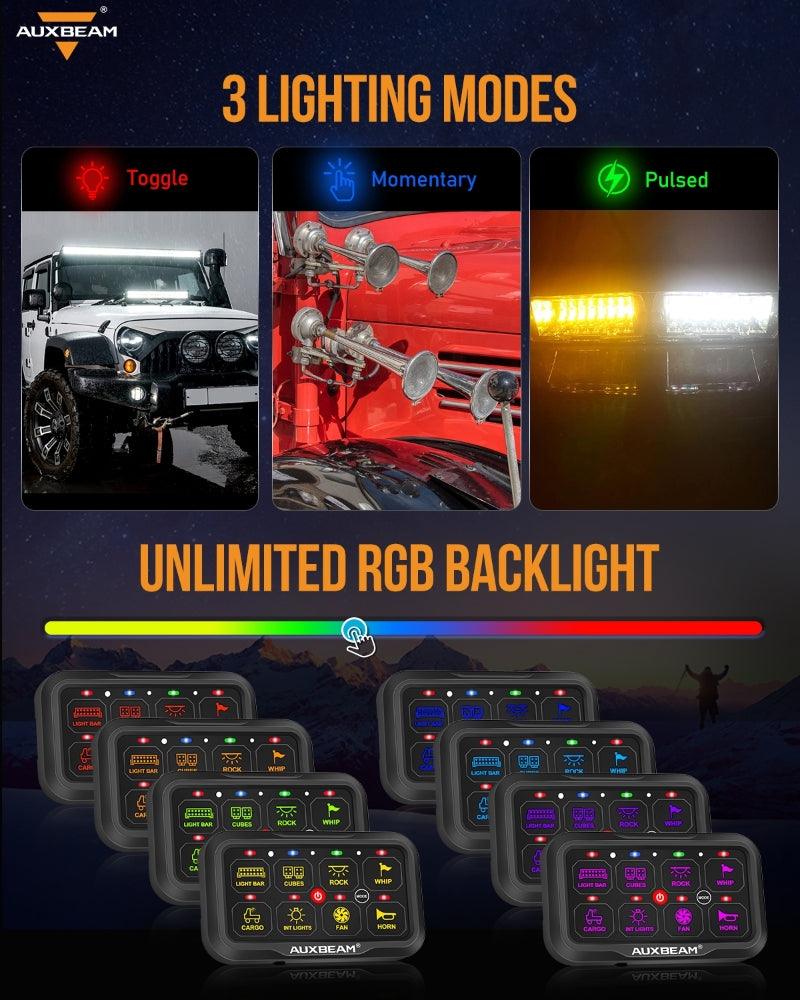 Auxbeam AR Series AR-800 8-Gang RGB Switch Panel – App Control, Toggle/Momentary/Pulsed, One-Sided Outlet