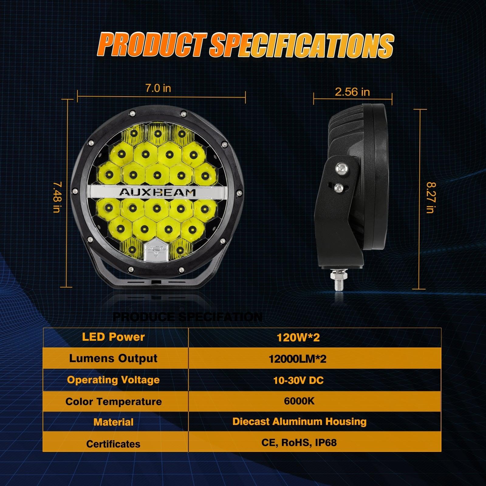 Auxbeam 7" 240W Round LED Driving Lights – Off-Road Spot Beam with DRL, Amber/Black Covers Optional for SUV, ATV, UTV, Truck & Boat (2 Pack)