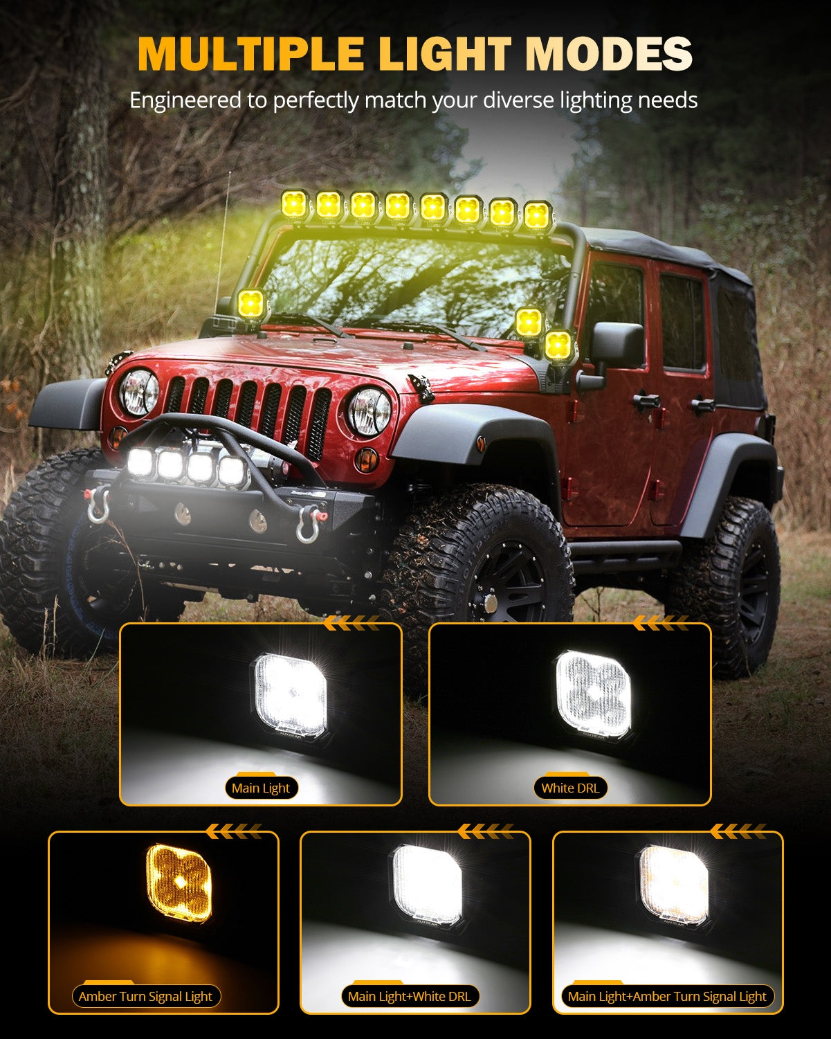 Auxbeam Color Play Series 3" LED Pod Lights – 100W, Flood Beam, White DRL & Amber Turn Signal
