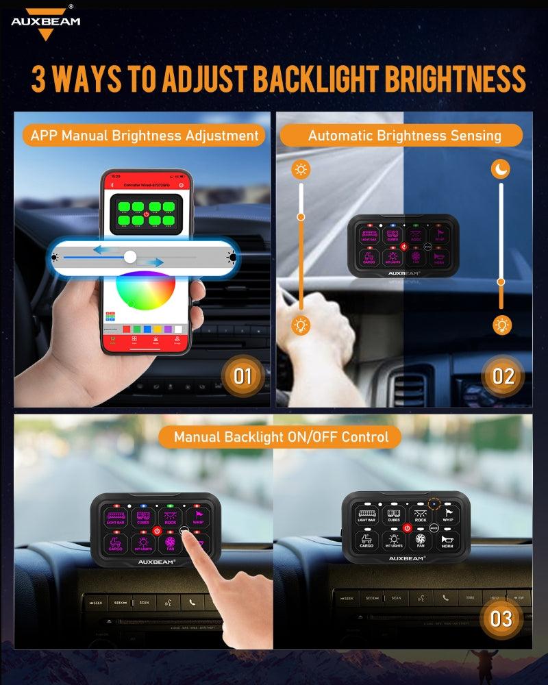 Auxbeam AR Series AR-800 8-Gang RGB Switch Panel – App Control, Toggle/Momentary/Pulsed, One-Sided Outlet