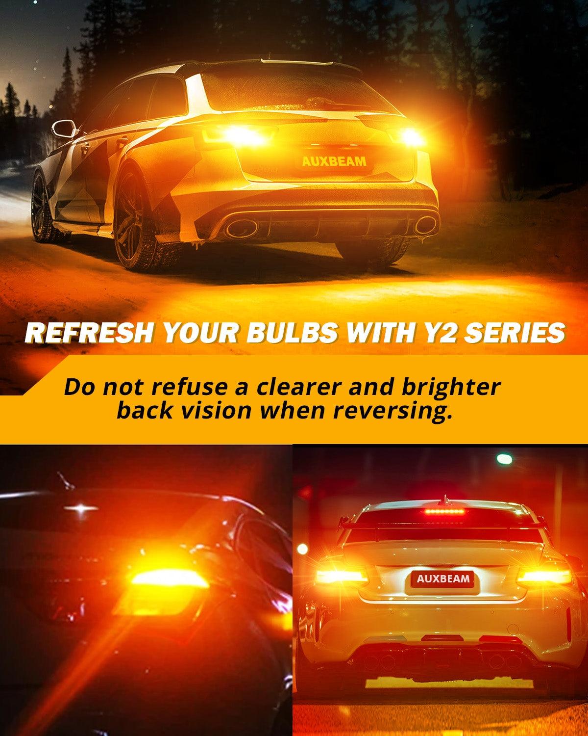 Auxbeam T25 / 3157 / 3156 LED Turn Signal Bulbs – Y2 Series, Front/Rear & Side Marker Lights, 14W, 6000LM, 3000K Amber, CAN-Bus Error-Free (2 Pack)