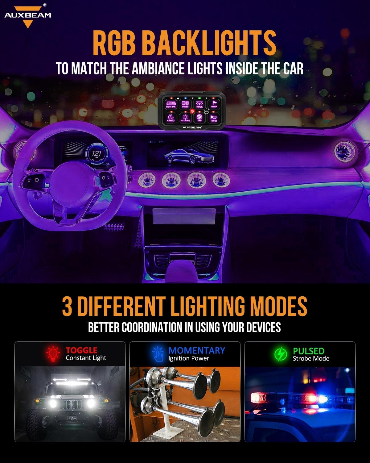 Auxbeam RC Series RC-800 RGB Switch Panel – Remote Control, Toggle/Momentary/Pulsed, One-Sided Outlet