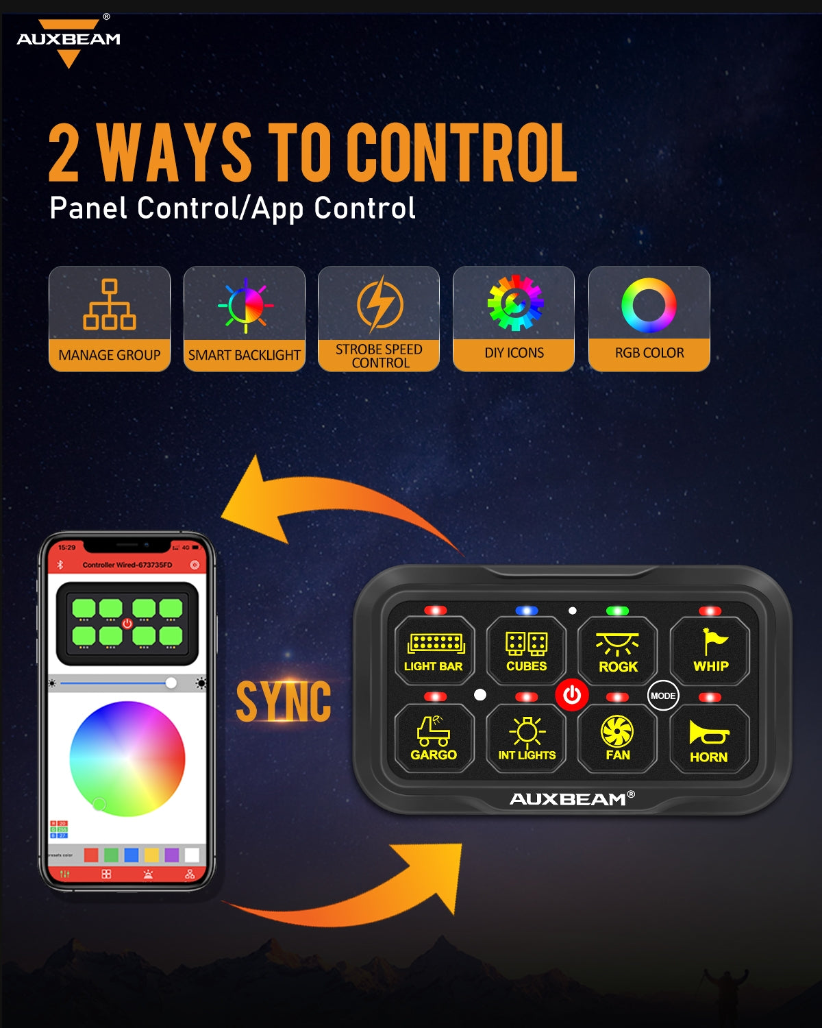 Auxbeam AR Series AR-820 8-Gang RGB Switch Panel – App Control, Toggle/Momentary/Pulsed, Two-Sided Outlet