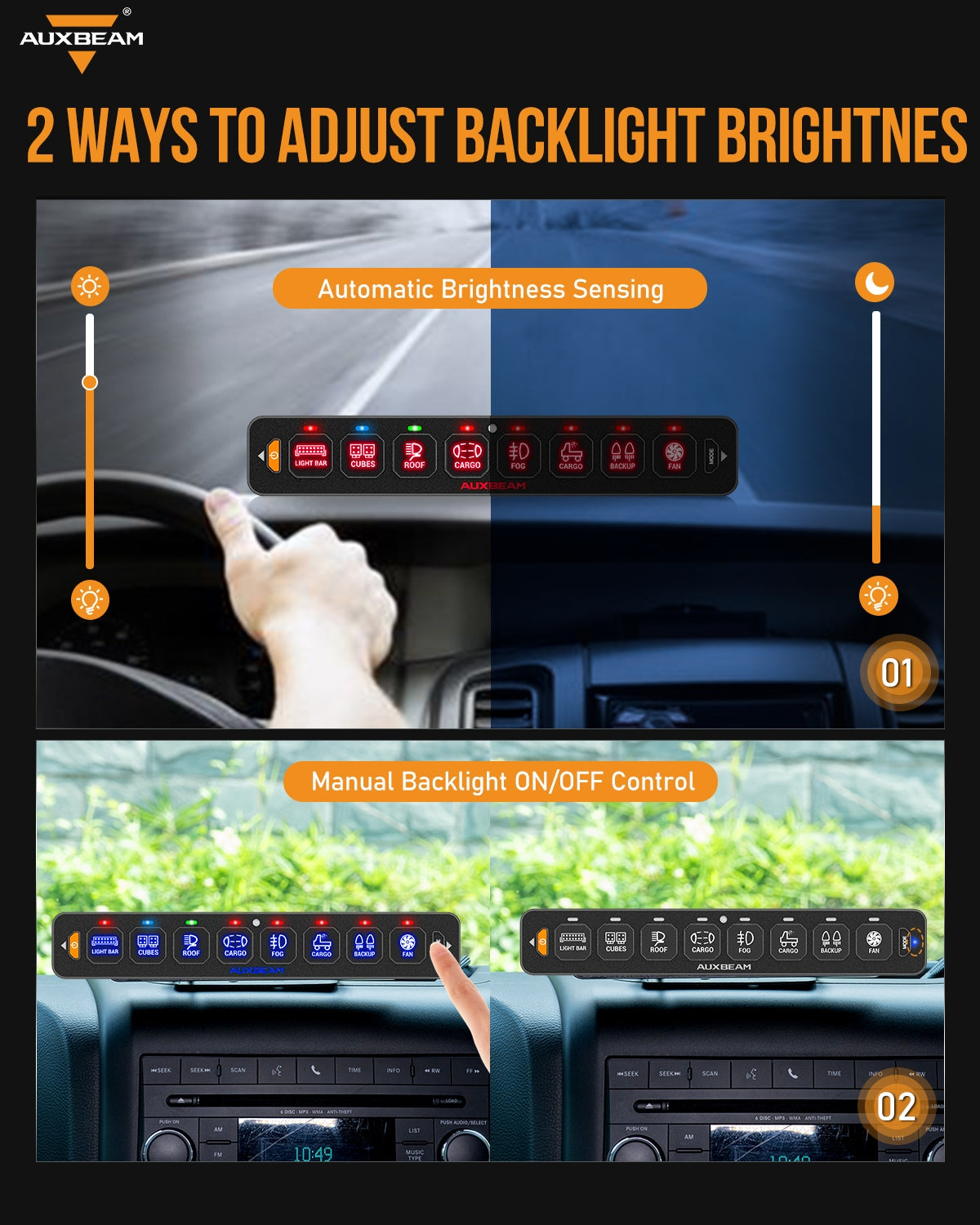 Auxbeam AS Series 8 Gang (AS-R80) RGB Slim Switch Panel, Toggle/ Momentary/ Pulsed Mode Supported(One-Sided Outlet)