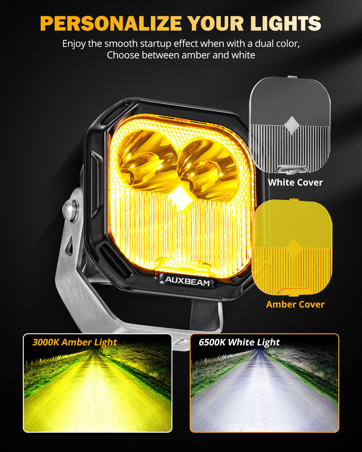 Auxbeam Color Play Series 3" LED Pod Lights – 100W, Combo Beam, White DRL & Amber Turn Signal