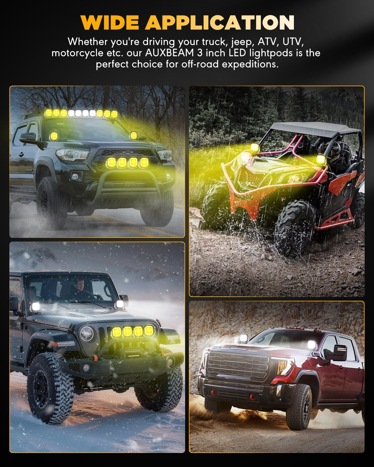 Auxbeam Color Play Series 3" LED Fog Lights – 100W, White DRL & Amber Turn Signal