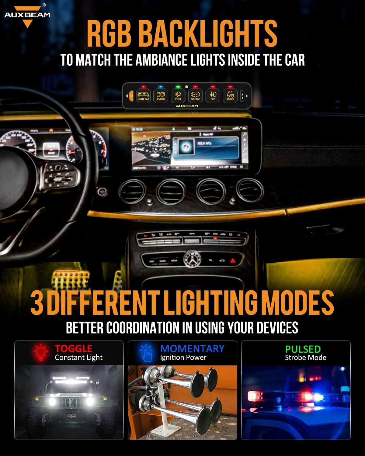 Auxbeam AS Series 4/6/8 Gang RGB Slim Switch Panel with APP & Remote Control, Toggle/ Momentary/ Pulsed Mode Supported(One-Sided Outlet)