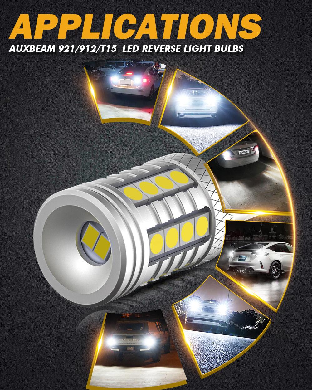 Auxbeam 912 / 921 T15 W16W LED Reverse & Backup Light Bulbs – B3 Series, 20W, 350% Brighter, 6500K White, CAN-Bus Error-Free (2 Pack)