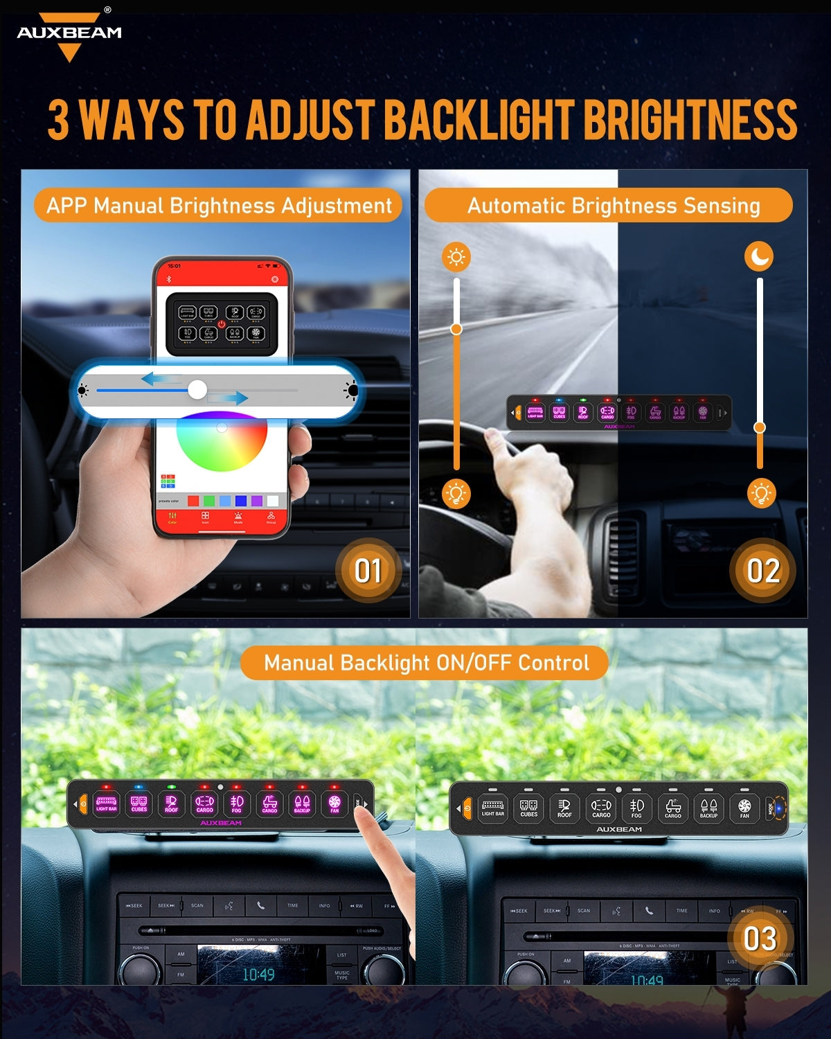 Auxbeam AS Series 8 Gang (AS-800) RGB Slim Switch Panel with APP & Remote Control, Toggle/ Momentary/ Pulsed Mode Supported(One-Sided Outlet)