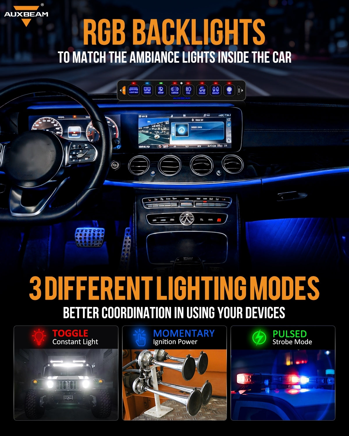 Auxbeam AS Series 8 Gang (AS-R80) RGB Slim Switch Panel, Toggle/ Momentary/ Pulsed Mode Supported(One-Sided Outlet)