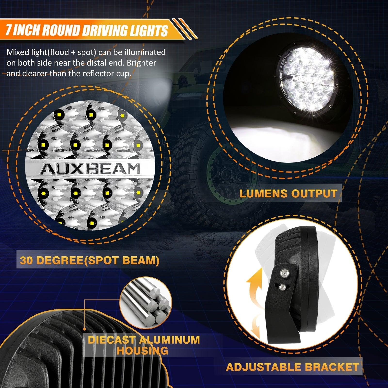 Auxbeam 7" 240W Round LED Driving Lights – Off-Road Spot Beam with DRL, Amber/Black Covers Optional for SUV, ATV, UTV, Truck & Boat (2 Pack)