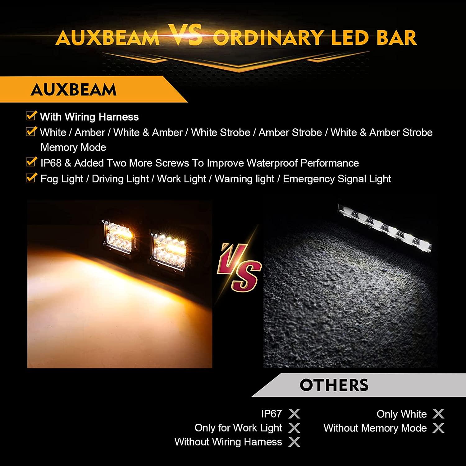 Auxbeam 4" LED Light Pods – White & Amber, 6 Modes, Wiring Harness Included (2-Pack)