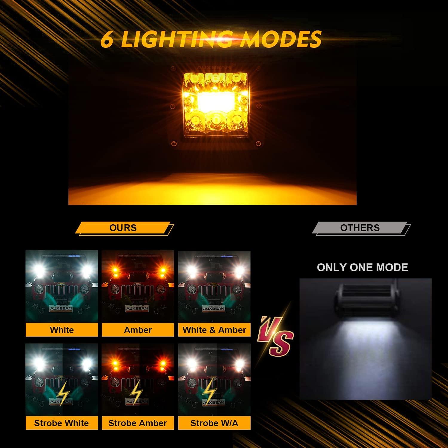 Auxbeam 3" LED Light Pods – White & Amber, 6 Modes, Wiring Harness Included (2-Pack)