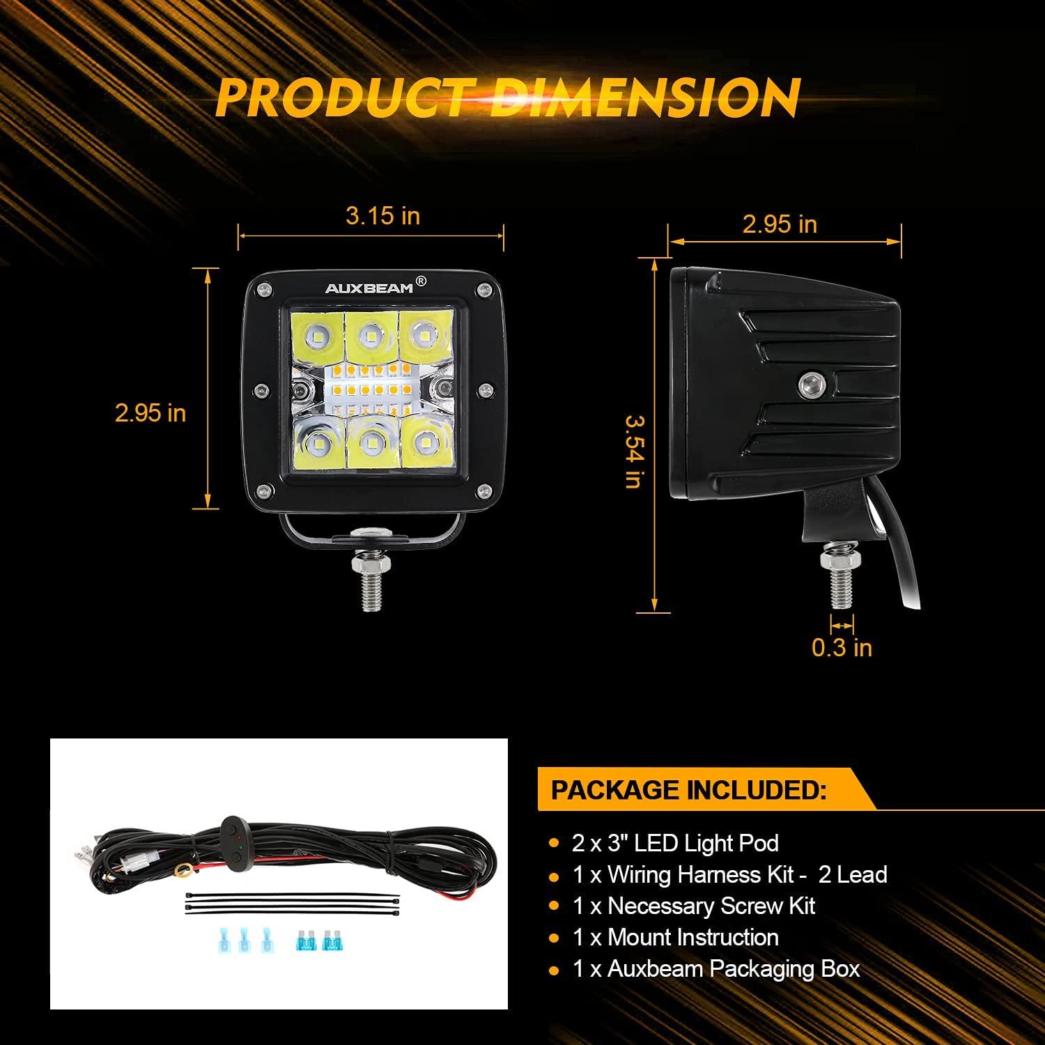 Auxbeam 3" LED Light Pods – White & Amber, 6 Modes, Wiring Harness Included (2-Pack)