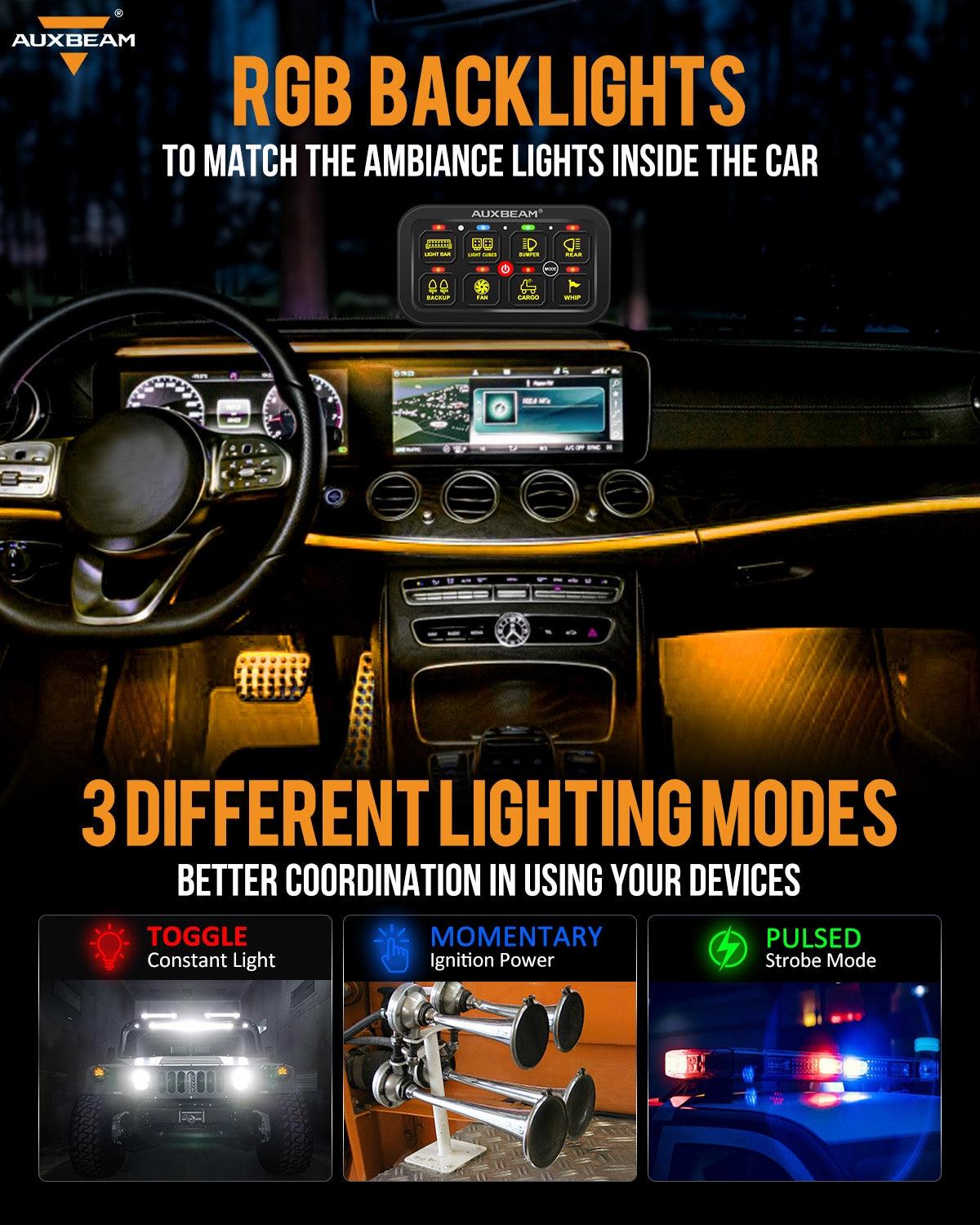 Auxbeam RGB Series 8 Gang (RB80) Switch Panel, Toggle/ Momentary/ Pulsed Mode Supported (Two-Sided Outlet)