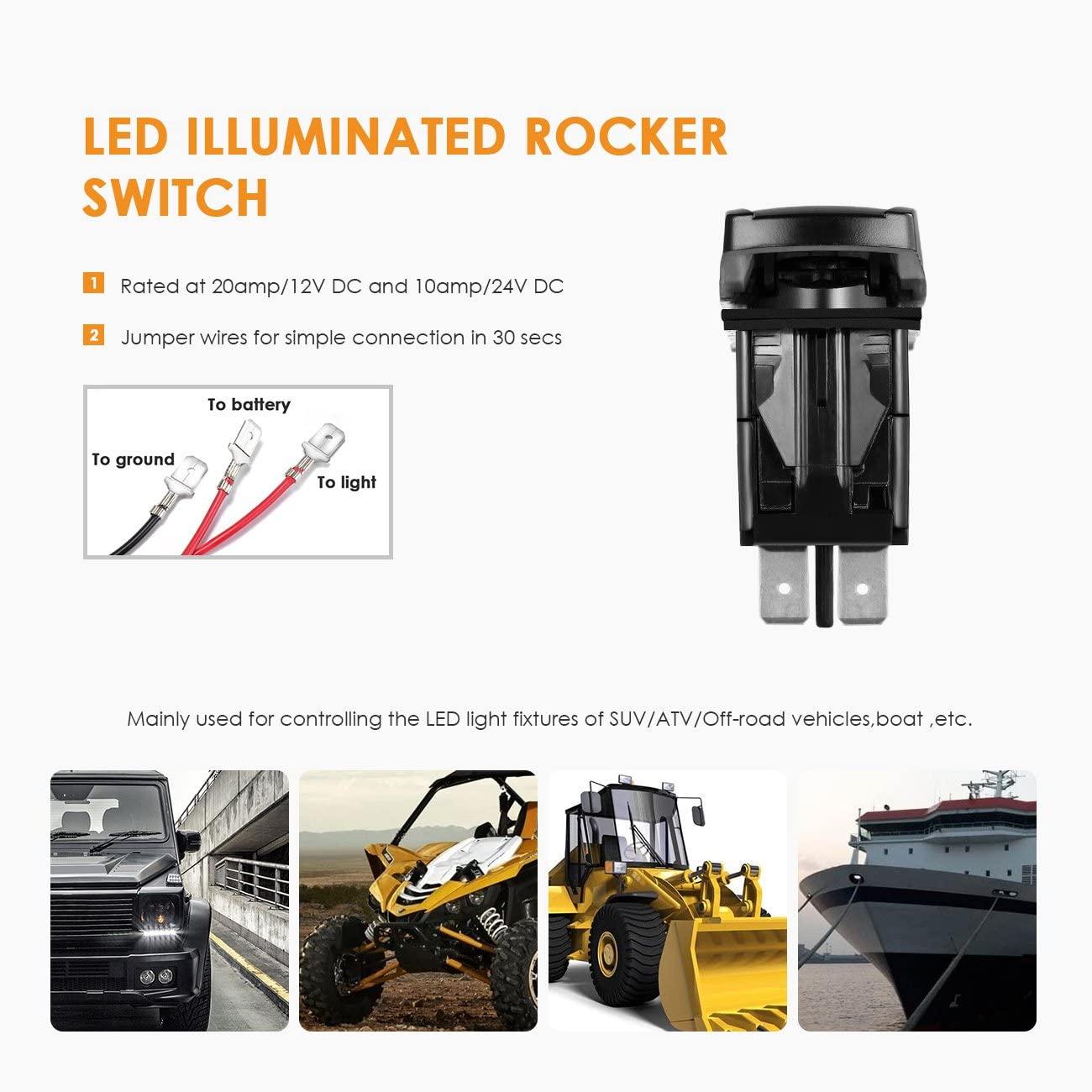 Auxbeam LED Light Bar Rocker Switch Wiring Harness Kit (2 Leads) – Includes 3 Switch Lines, Fuse & Relay