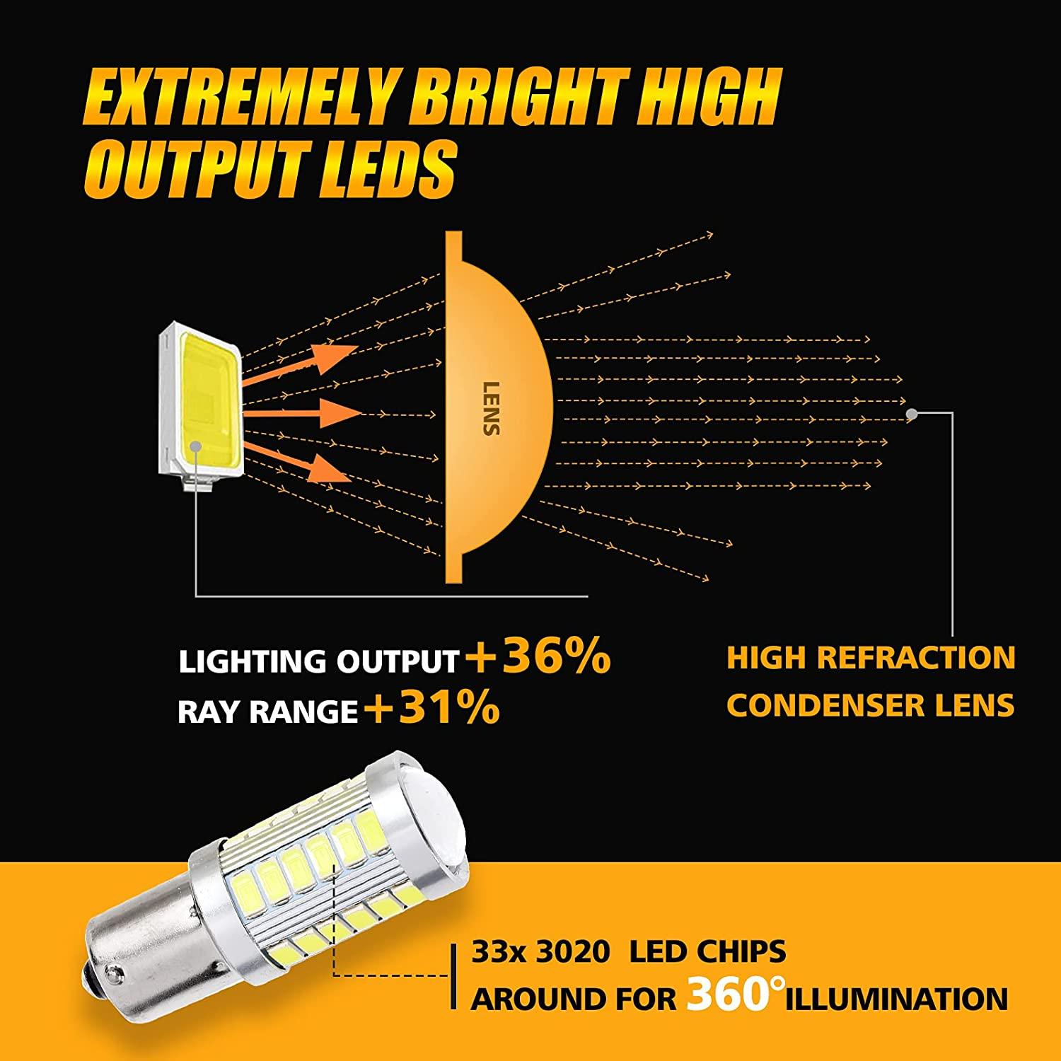 Auxbeam 1156 P21W BA15S LED Bulbs – Brake, Reverse, Parking, Tail & Turn Signal, 50W, 8000LM, 33 Series (Cool White / Amber / Red, 2 Pack)