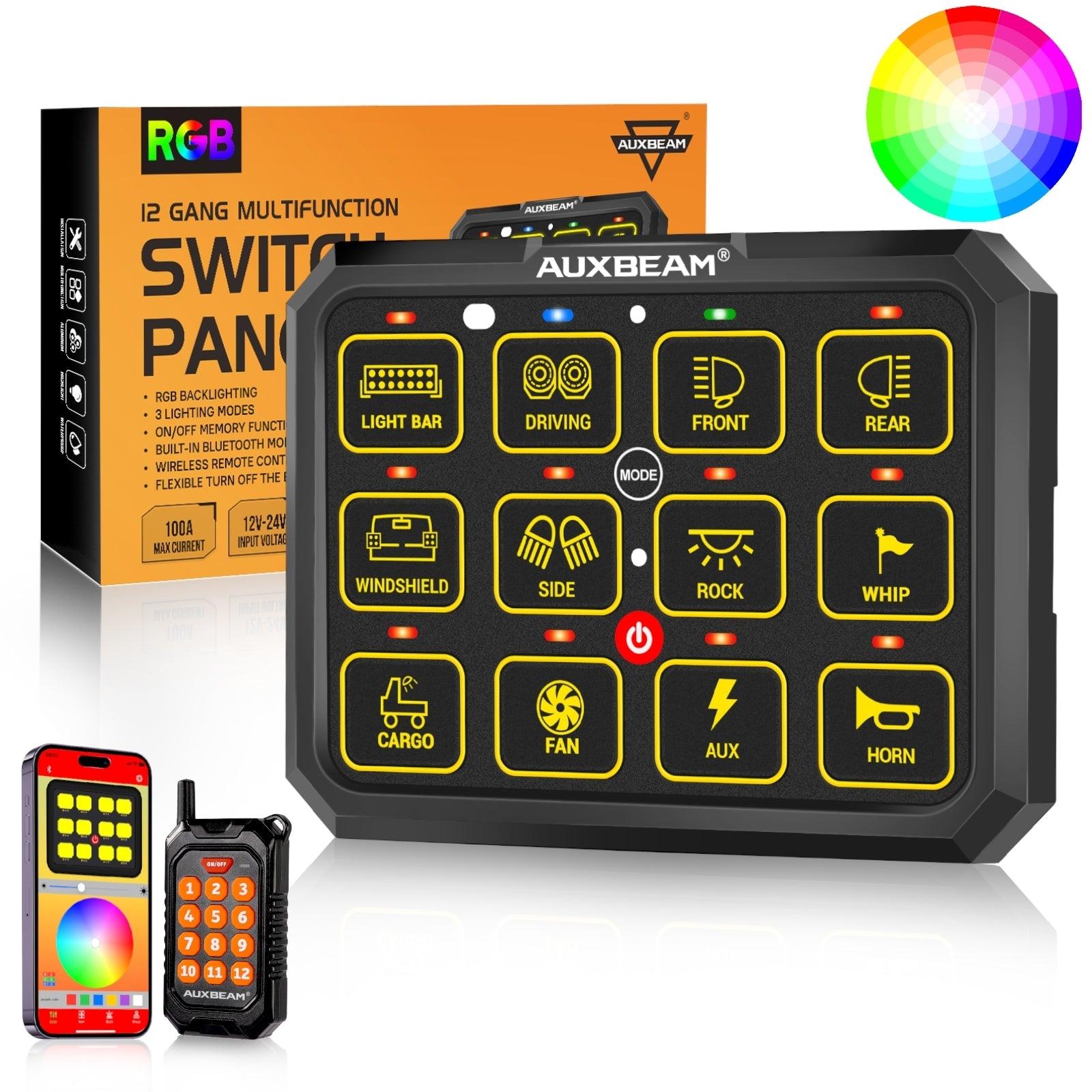 Auxbeam AC Series AC-1200 12-Gang RGB Switch Panel – App & Remote Control, Toggle/Momentary/Pulsed, One-Sided Outlet