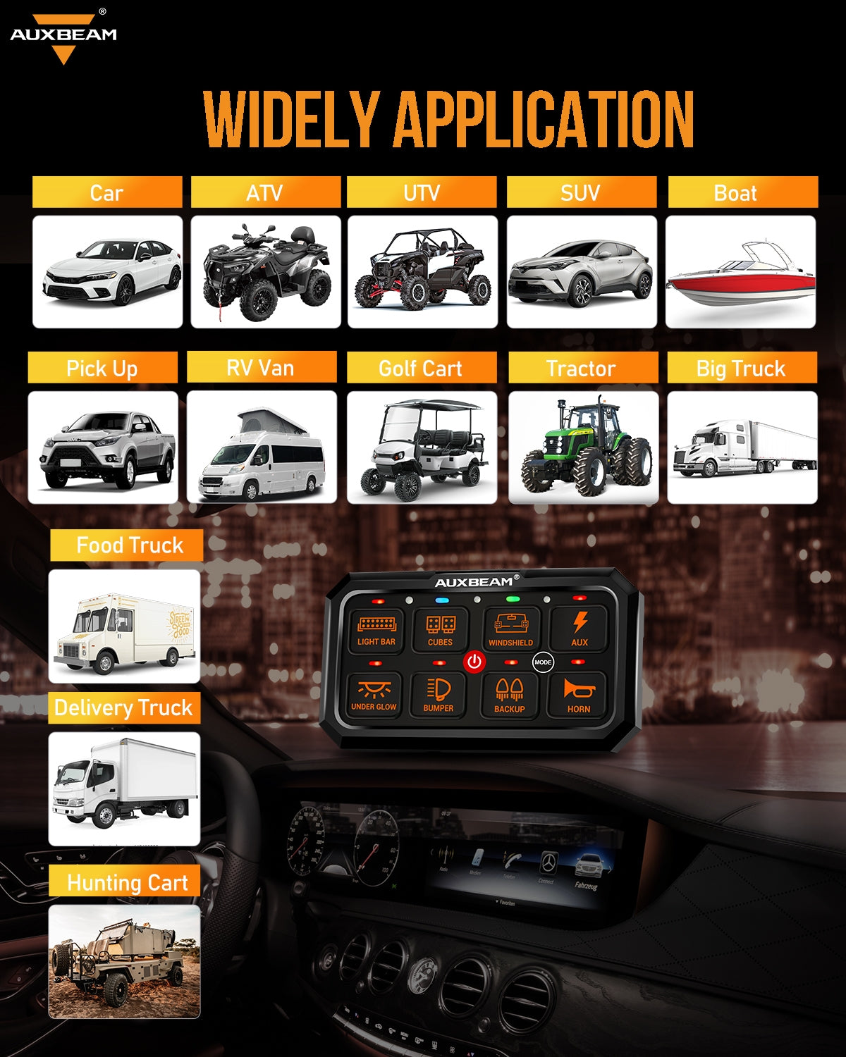 Auxbeam RGB Series RA80 XL 8-Gang Switch Panel – Larger Size, Toggle/Momentary/Pulsed Modes