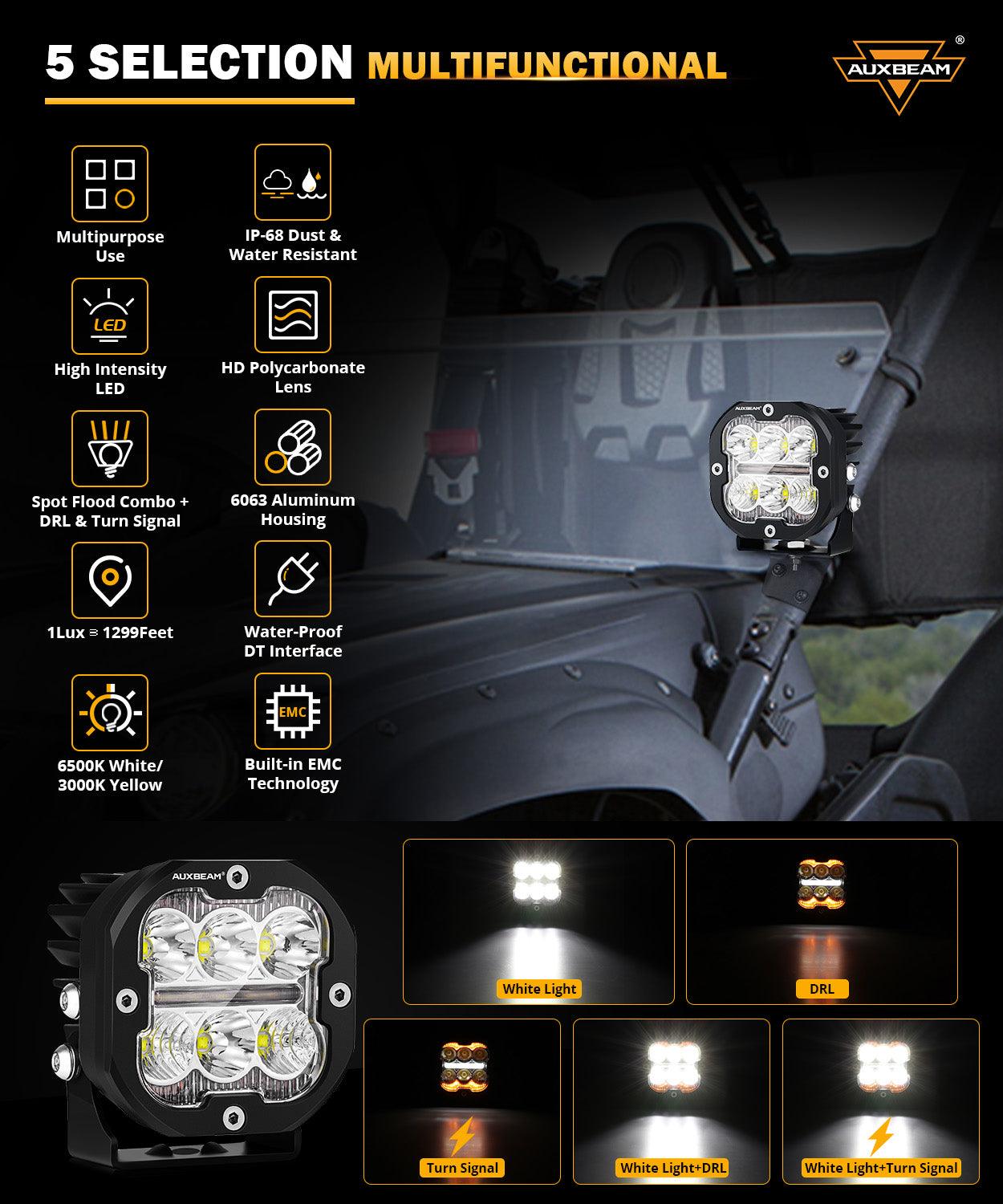 Auxbeam XP-ULTRA Series 3" LED Combo Pod Lights – 84W, White DRL & Amber Turn Signal