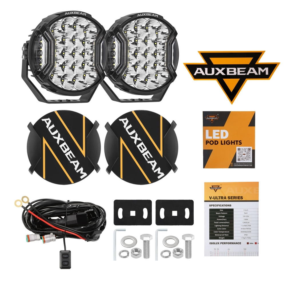 Auxbeam V-ULTRA Series 9" LED Side Shooter Driving Lights – 300W, White, Amber DRL