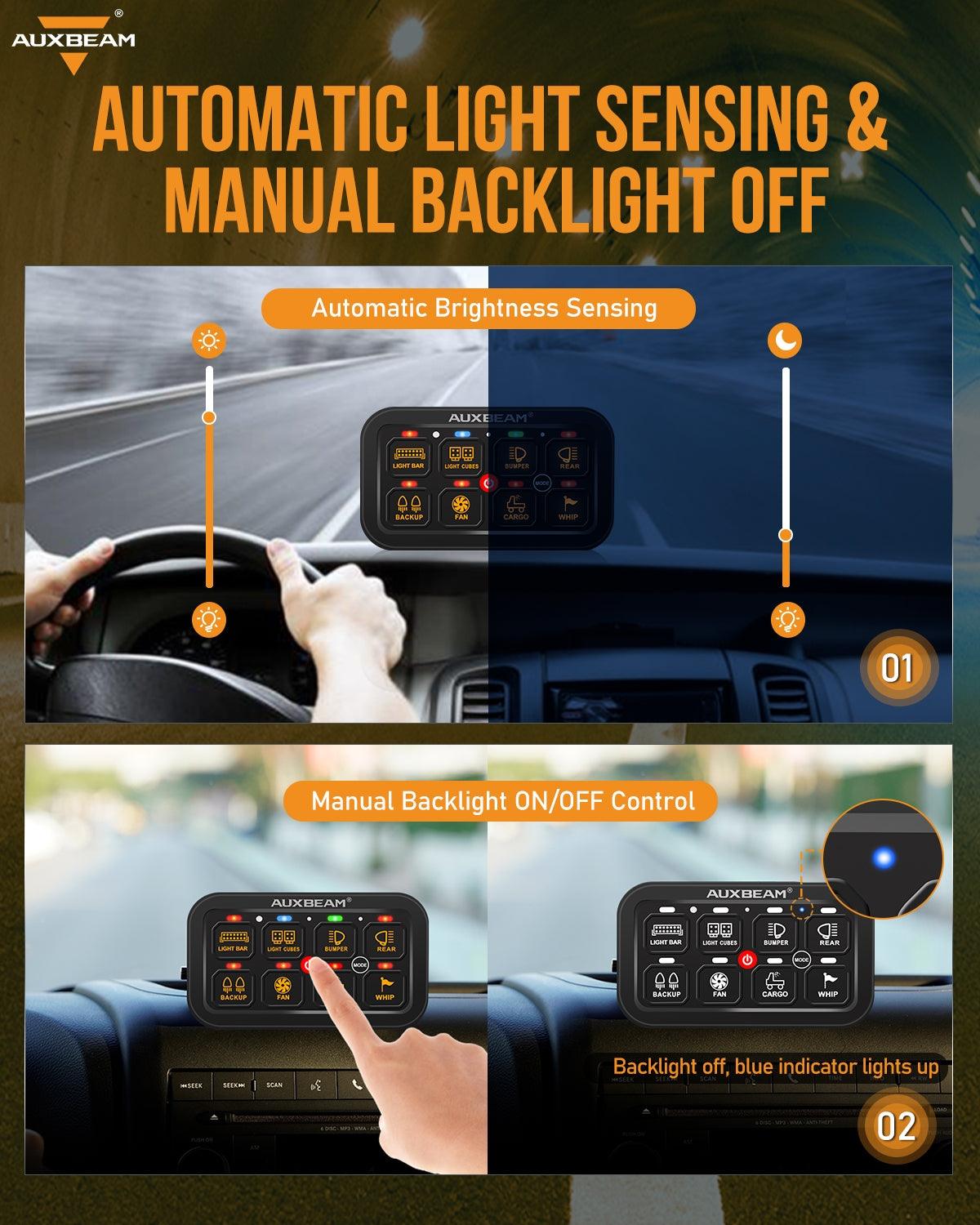 Auxbeam RGB Series 8 Gang (RA80) Switch Panel, Toggle/ Momentary/ Pulsed Mode Supported (One-Sided Outlet)