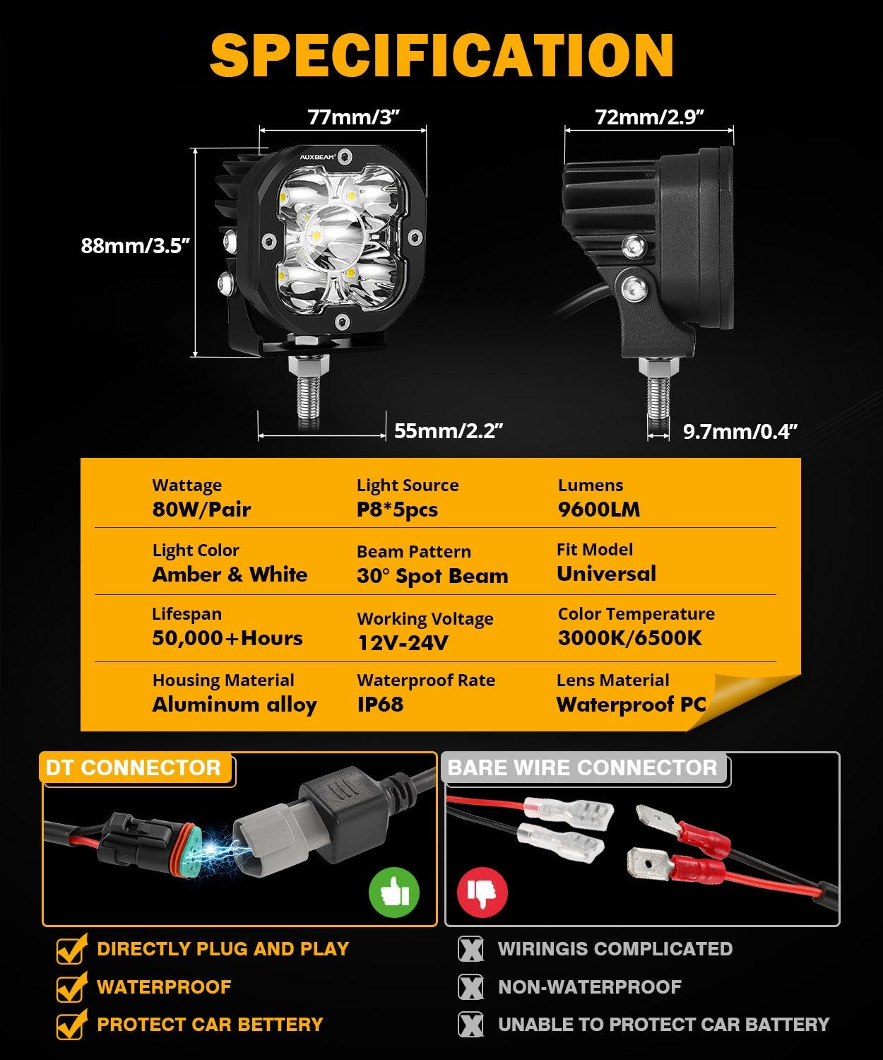Auxbeam XP-ULTRA Series 3" LED Pods – 80W, Spot Beam, Amber & White
