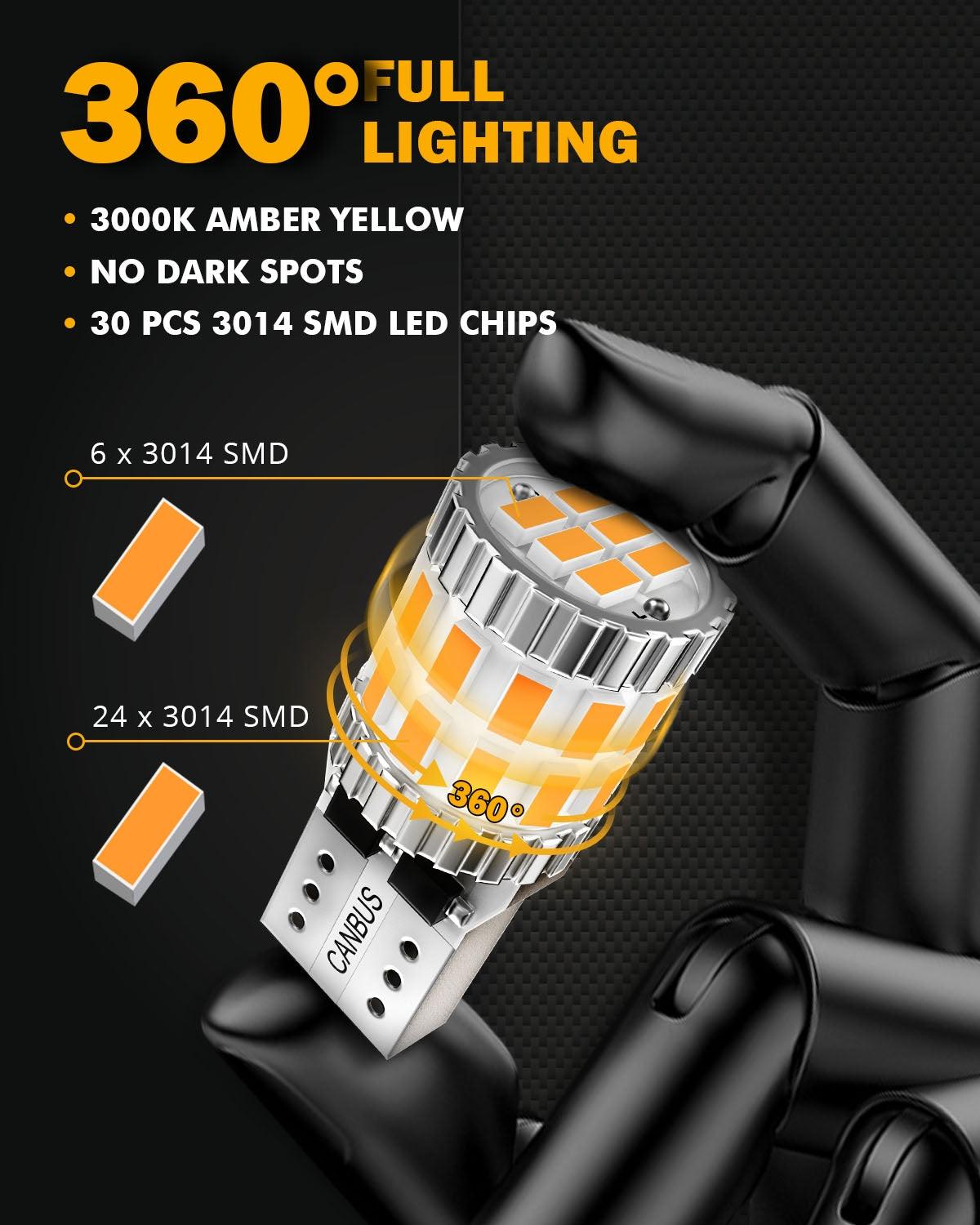 Auxbeam 168 / 2825 W5W T10 LED Bulbs – B1 Series, 3W, Amber, 400% Brighter, CANBUS Error-Free, License Plate / Side Marker / Interior Lights (2 Pack)