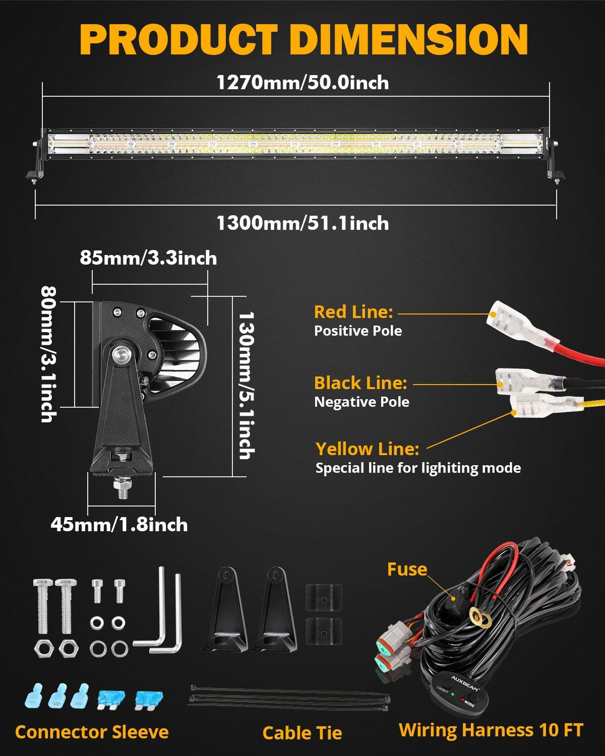 Auxbeam 6 Modes Series 50" LED Light Bar – Straight, White & Amber, Off-Road