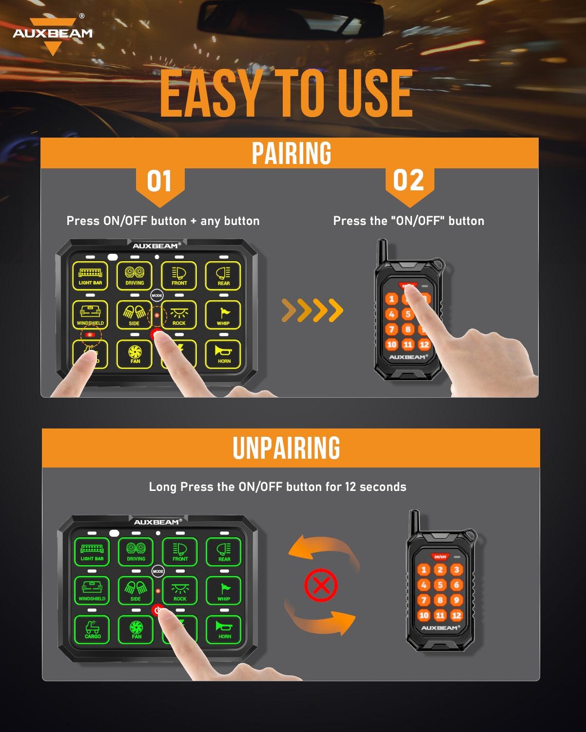 Auxbeam AC Series AC-1200 12-Gang RGB Switch Panel – App & Remote Control, Toggle/Momentary/Pulsed, One-Sided Outlet