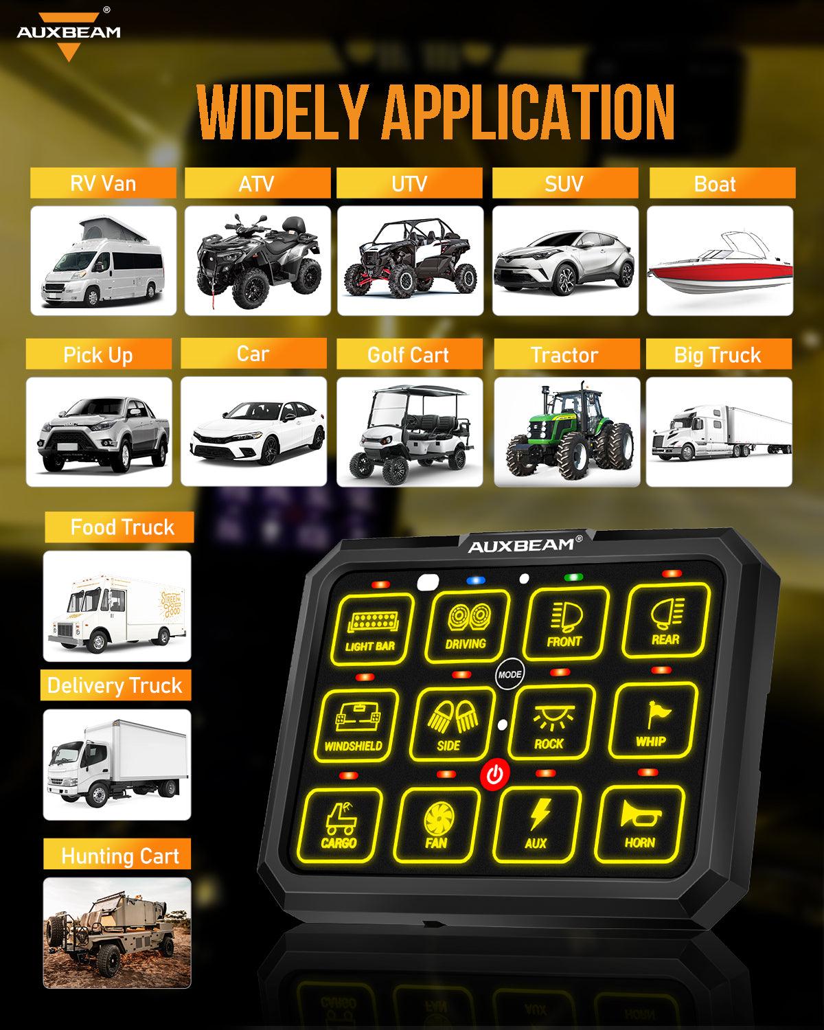 Auxbeam AC Series AC-1200 12-Gang RGB Switch Panel – App & Remote Control, Toggle/Momentary/Pulsed, One-Sided Outlet
