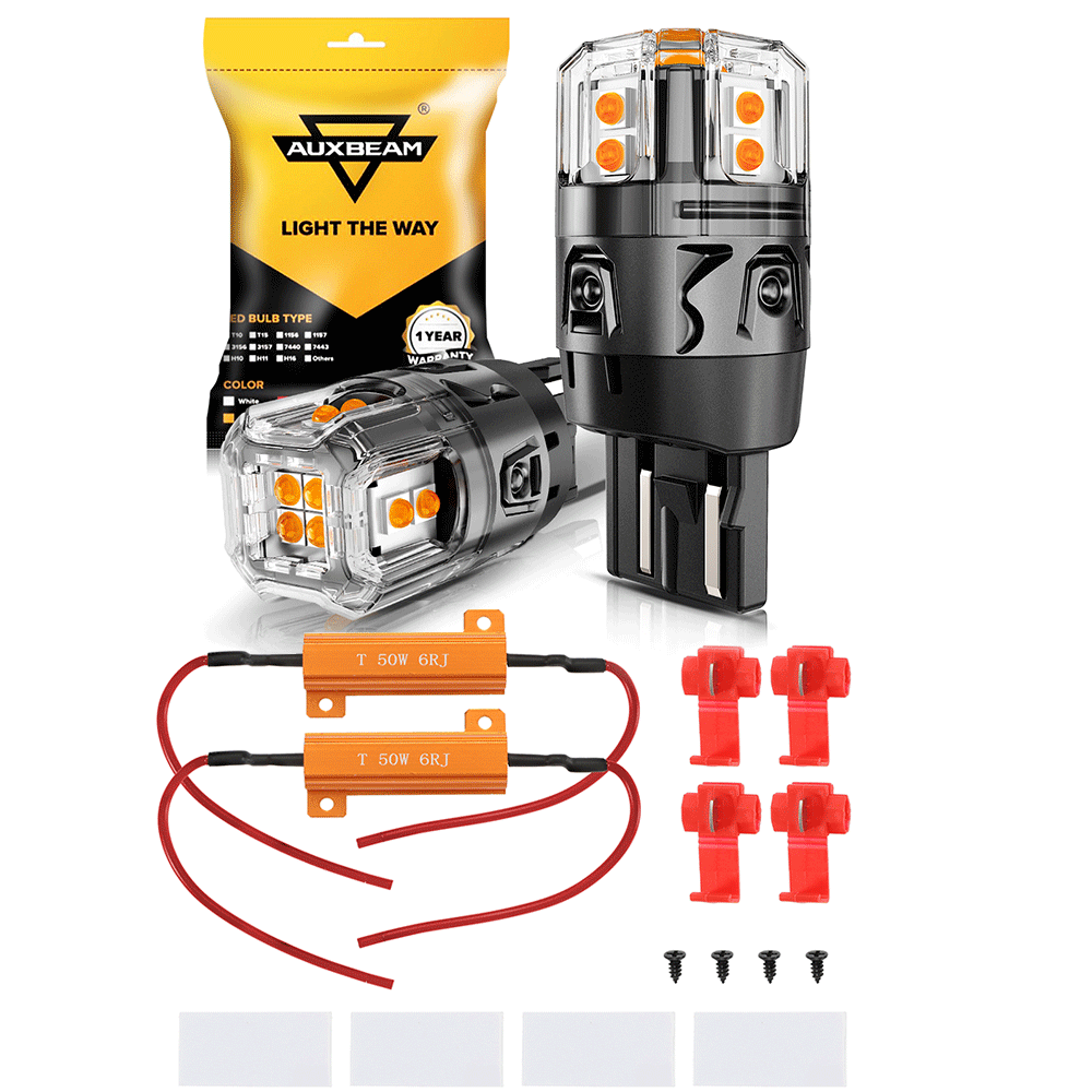 Auxbeam T20 / 7443 / 7440 LED Turn Signal Bulbs – B52 Series, Front/Rear & Side Marker Lights, 13W, 500% Brighter, 3000K Amber, CAN-Bus Error-Free (2 Pack)